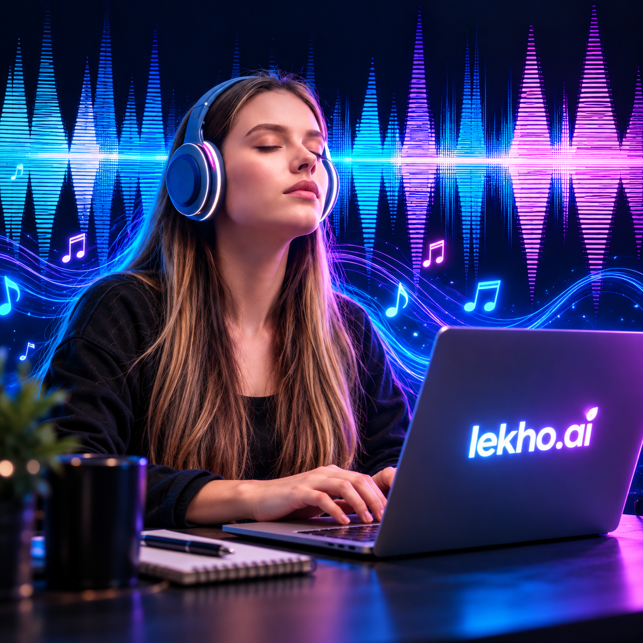 A creator using a Lekho.ai-branded laptop in an AI writing studio